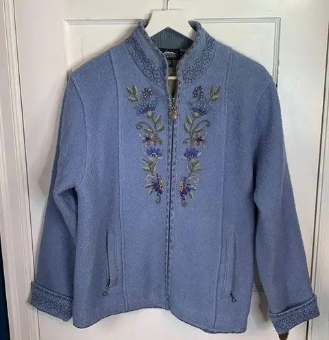 Vintage Blue Icelandic Design  Wool Floral Embroidered Jacket Cardigan Sz M