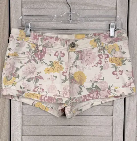 HIGHWAY JEANS Pastel Floral Stretch Denim Folded Hem Jean Shorts White/Multi