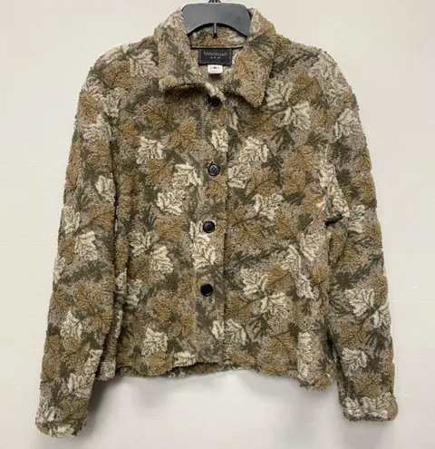 Lonergan Leaves Pattern Teddy Button Up Jacket Brown Beige Women's Medium
