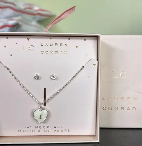 LC Lauren Conrad Lauren Conrad Mother of Pearl “I” Necklace with Diamond Studs