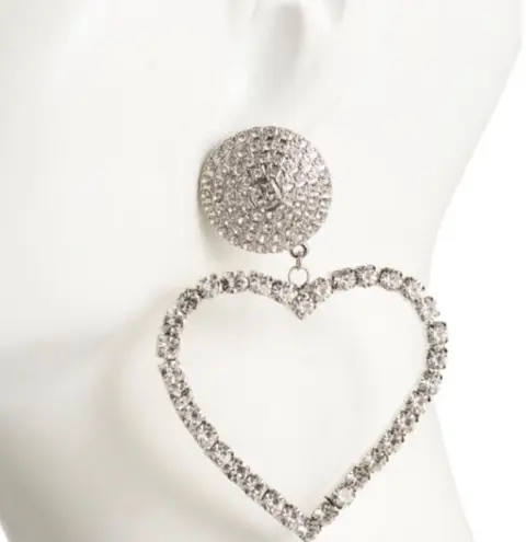 KENNETH JAY LANE Crystal Studded Heart Dangle Earrings / Silver Tone & Crystals