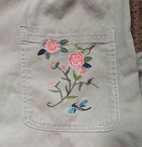 Vintage 90s Embroidered Dress Pistachio Green Lightweight Denim Floral Midi Green