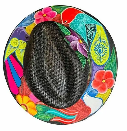 HAT MEXICAN Artisanal Hand Painted Fedora Floral Sombrero Panama Bohemian Black
