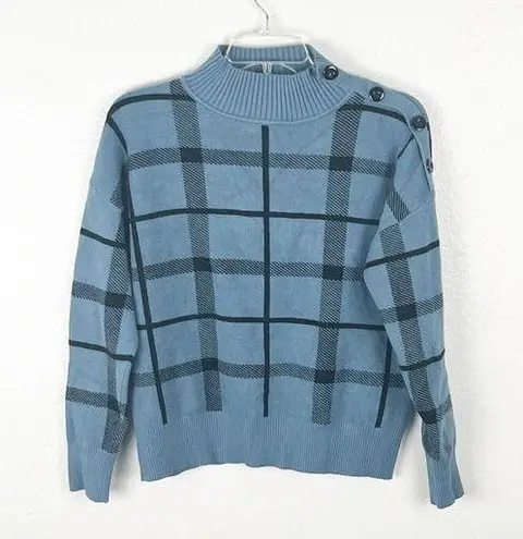 Tahari Blue And Black Plaid Side Button Accents Mock Neck Long Sleeves Sweater