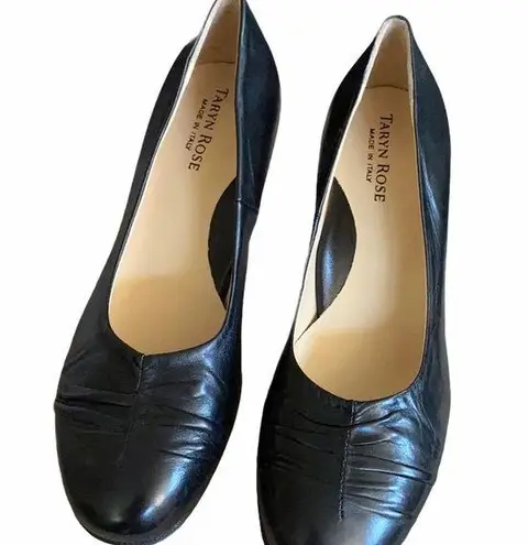 Taryn Rose  Black Leather Ruched Toe Pumps Size 37.5 B.