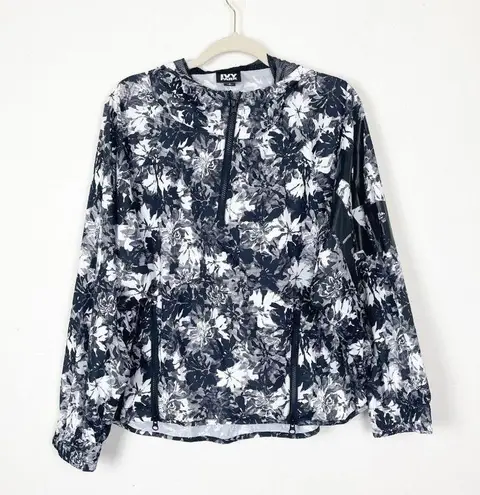 Ivy Park Womans S Black and White Floral Long Sleeve Hooded Windbreaker Pullover