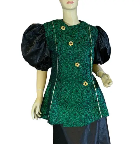 HANDMADE AVANT GARDE GREEN AND BLACK PUFFED SLEEVE BLOUSE (M) Size M