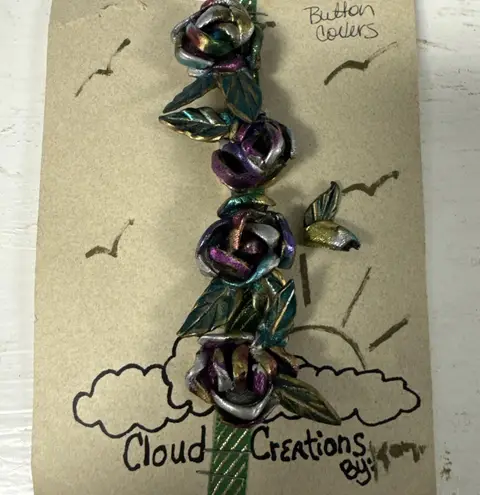 Vtg Purple Green Enamel Layered Open Rose Flower Button Covers Cloud Creations