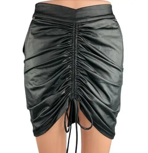Maniere De Voir Black Faux Leather Ruched Drawstring Mini Pencil Skirt Size 8