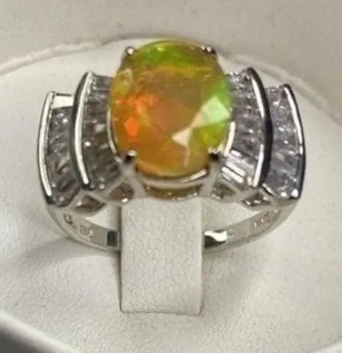 Oval Opal & White Zircon Halo Ring Sterling Silver Anniversary Statement Sz 10