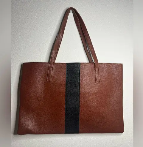 Vince Camuto Brown Vegan Pebbled Leather Black Line Detail Tote Bag 17.5 x 12 in