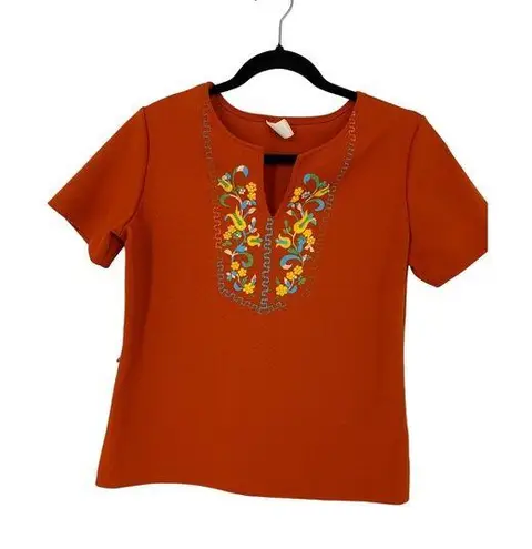 American Vintage Vintage 70s Blouse Women's Sz M Short Sleeve Split Neck Orange Painted Design