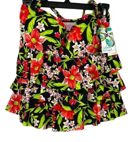 ISLAND ESCAPE RED BLACK & GREEN FLORAL DESIGN TIERED BANDINI SIZE 12
