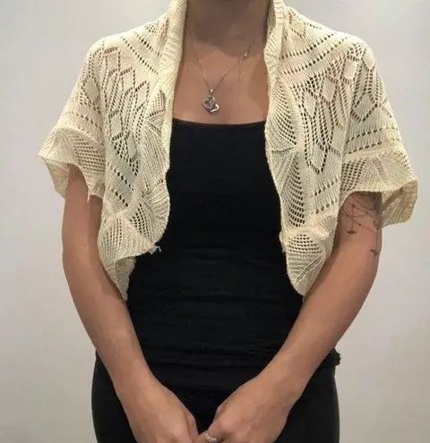 Tan Knit Cardigan Womens Medium Short / Cropped Short Sleeves