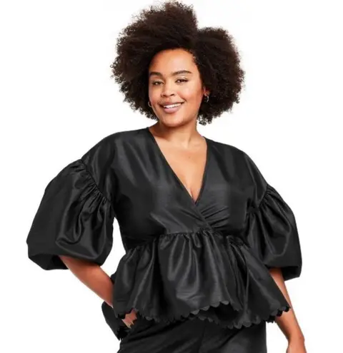 Kika Vargas x Target Wrap Top Size Small Black Scallop Edge Balloon Sleeves NWT