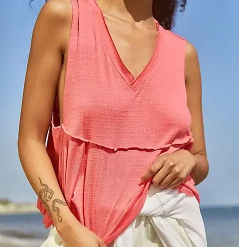 Free People NWT  Tank Top Movement Textured Knit Flowy V-Neck Bright Pink Small