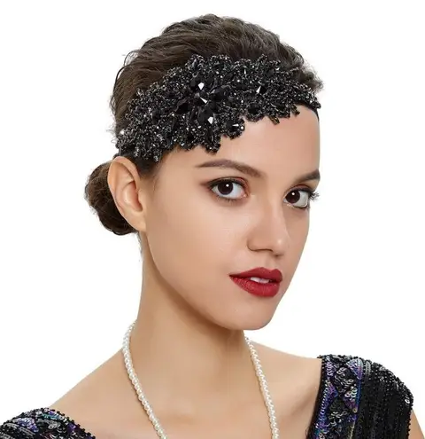 RHINESTONE Beaded 1920s Great Gatsby Vintage Bride Headpiece Flapper Headband Black