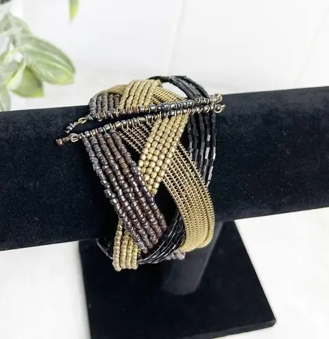 Metallic Tones Criss Cross Beaded Cuff Bracelet
