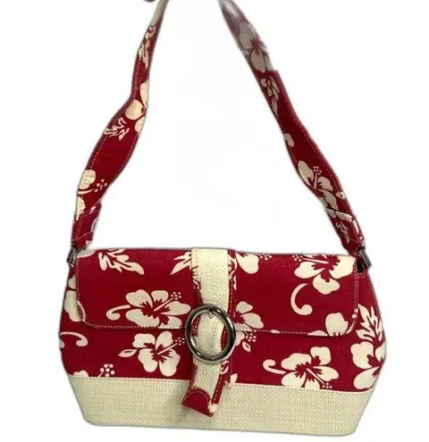 Red Floral Tropical Handbag with‎ Straw Rattan Bottom Lining Medium Sized