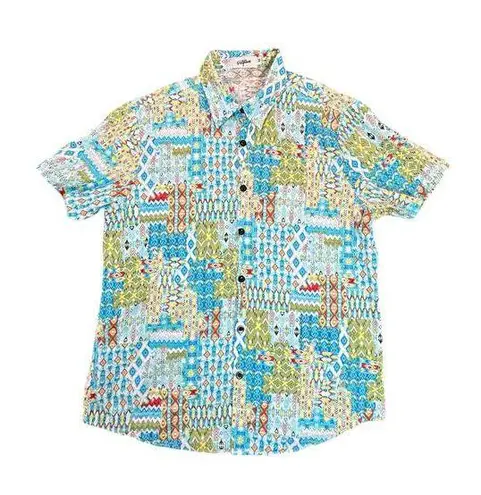 Vatpove Shirt Womens Medium Green Blue Aztec Madras Coastal Country Vacation