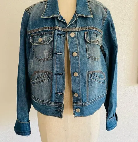 Old Navy Y2K  Denim Blue Jean Cotton Jacket Back Bedazzled Silver Sparkle Cross