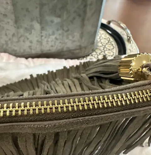 India Hicks Fringed Purse Army Green Suede Clutch w/Tassel London Harbour Island