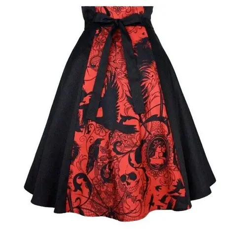 HEMET Gothic Halloween Black & Red Midi Dress Skull Birds Small Steampunk