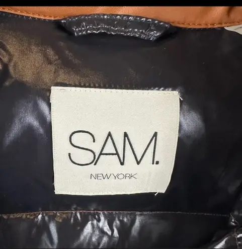 SAM. Isabel Vegan Down Puffer Jacket Faux Leather Stowaway Hood Saddle Brown S