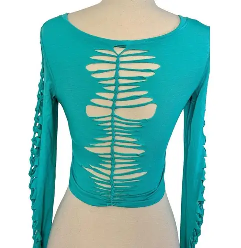 SLIT WEAVE Knotted Long Sleeve Turquoise Crop Top Rave Party Festival Club Sz S