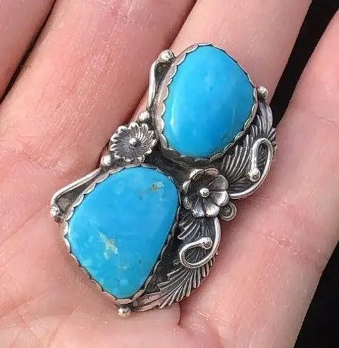 Navajo Handmade Ring 925 Silver Tuquoise sz 7 Artist Signed Peterson Johnson