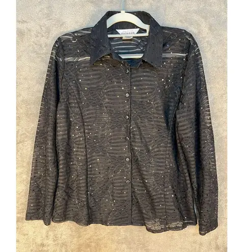Misook Blouse XL Black Sheer Sequined Bling Textured Office Siren Whimsygoth
