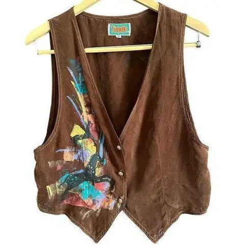 TIANELLO | 80s Vintage Hand Painted Western Style Silk Vest | Size Medium Brown