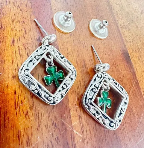 Vintage 80's Shamrock Earrings Handmade Dangle Posts St Patrick's Day Pa… Silver