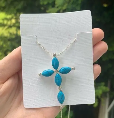 NEW Silver Cross Necklace Blue Stone w/ Faux Diamond Gems // Religion, Religious