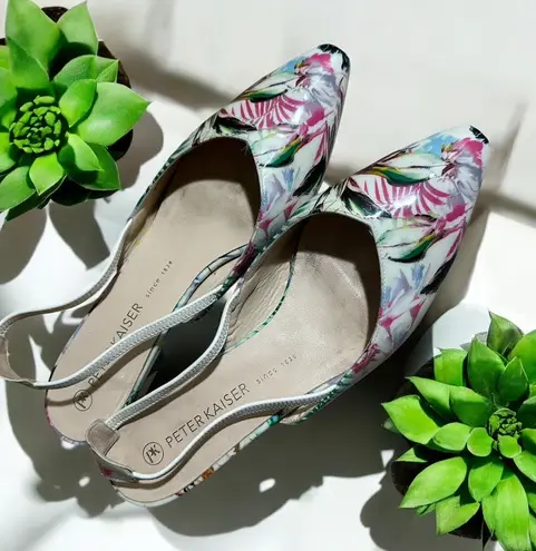 Peter Kaiser Patent Leather Sling Back Flats Womens 8/39 Tropical Print Floral White
