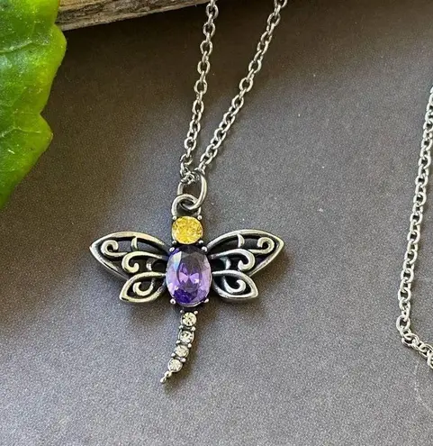 Dragonfly Purple & Yellow CZ Stainless Steel Necklace