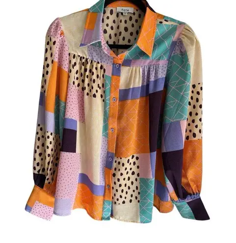 FATE. Multicolor Abstract Patchwork Long Puff Sleeve Ruffle Keyhole Blouse Size M