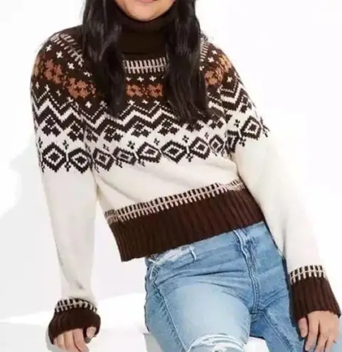 American Eagle NWT  Fair Isle Brown Snowdrift Turtleneck Cropped Sweater