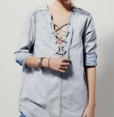Free People  Indigo Lace Up Denim Tunic in Blue Sky Light Wash