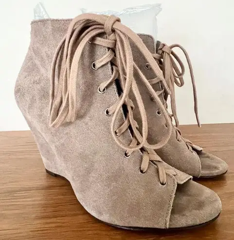 Joie  Suede Leather Lace Up Open Toe Wedge Heel Booties Brown Women's Size 39/8.5 - Image 1