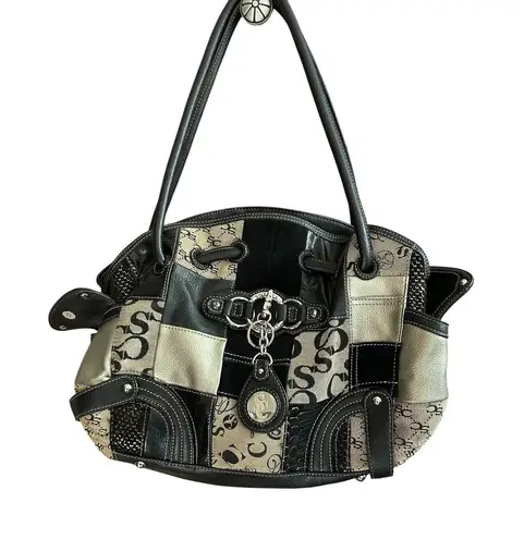 Sophia Caperelli Patchwork Satchel Top Handle Bag purse Print Black Beige Hobo