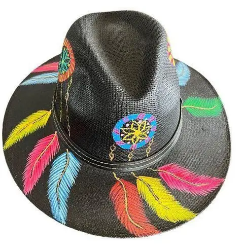 HAT MEXICAN Artisanal Hand Painted Fedora Floral Sombrero Panama Bohemian Black