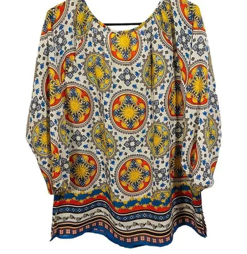 Charter Club Eclectic Hippie Blue Vermillion White Yellow Retro Medallion Blouse