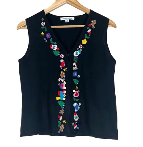 Mercer Street Studio Zip Up Sweater Vest Womens PM Black Embroidered Christmas Size undefined