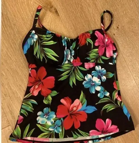 Caribbean Joe Tankini Top Women's Size XS S Black Floral Swimsuit Swim Top