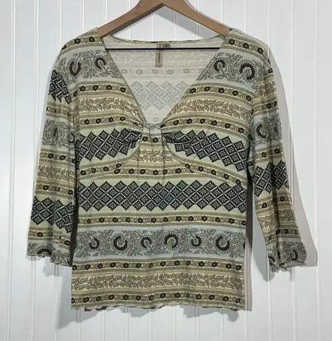Susan Lawrence XL Top Boho Print Sweetheart Neck 3/4 Sleeve Made in USA Vintage
