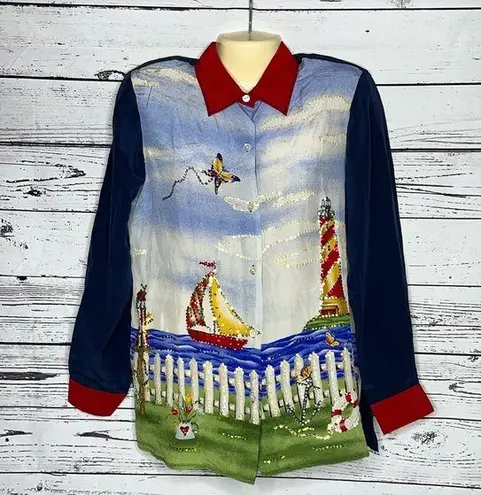 Quacker Factory NWT Size XS Beach Sailboat Sequin 100% Silk Button Up Blouse Top
