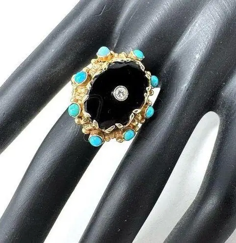 14K yellow gold, onyx, turquoise and diamond ring, vintage, size ~7 Gold