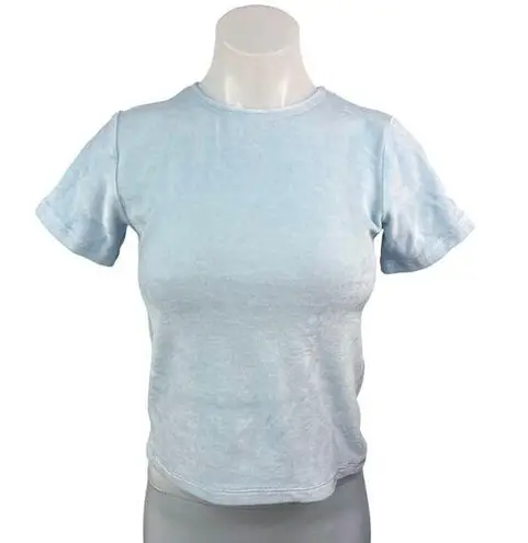 Cale Nina Light Blue Velour Velvet Crew Neck Short Sleeve Crop Tee T