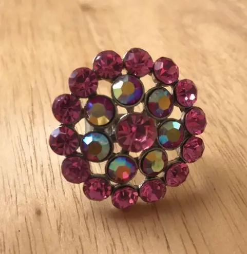 Hot Pink Crystal Ring Adjustable Retro Statement